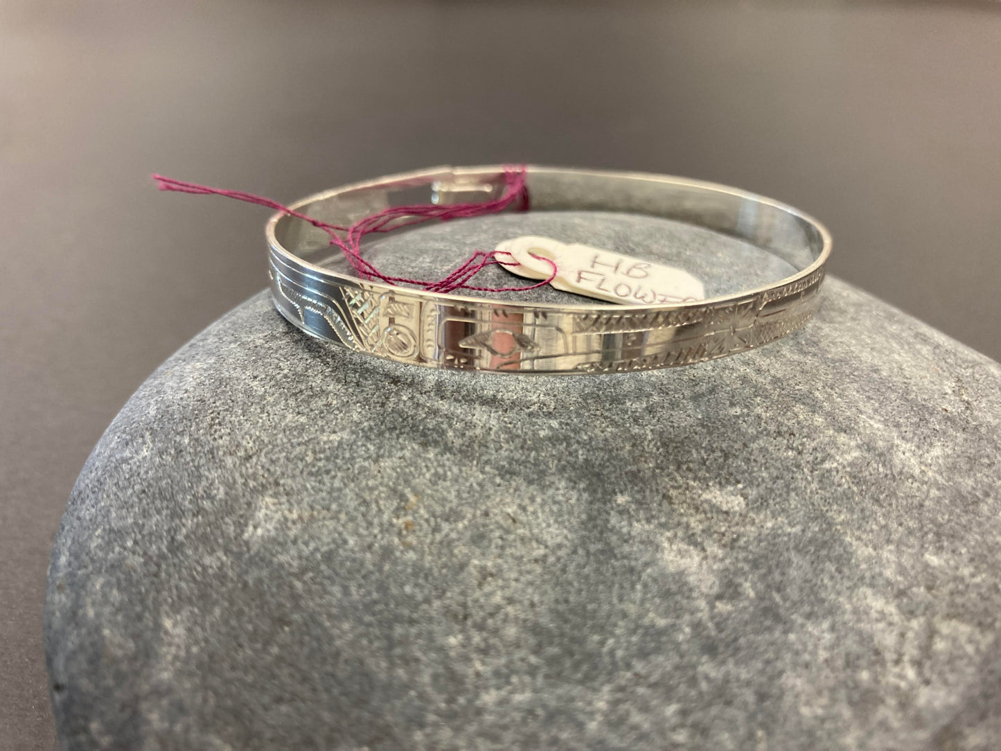 Bracelet - Silver Bangle - Hummingbird & Flower