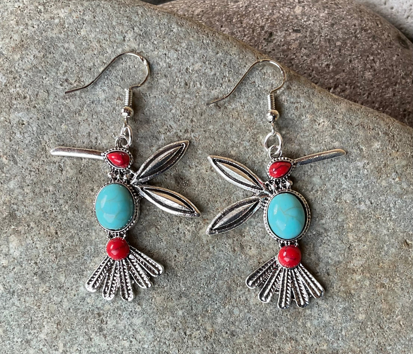Earrings - Silver w/Turquoise Hummingbird