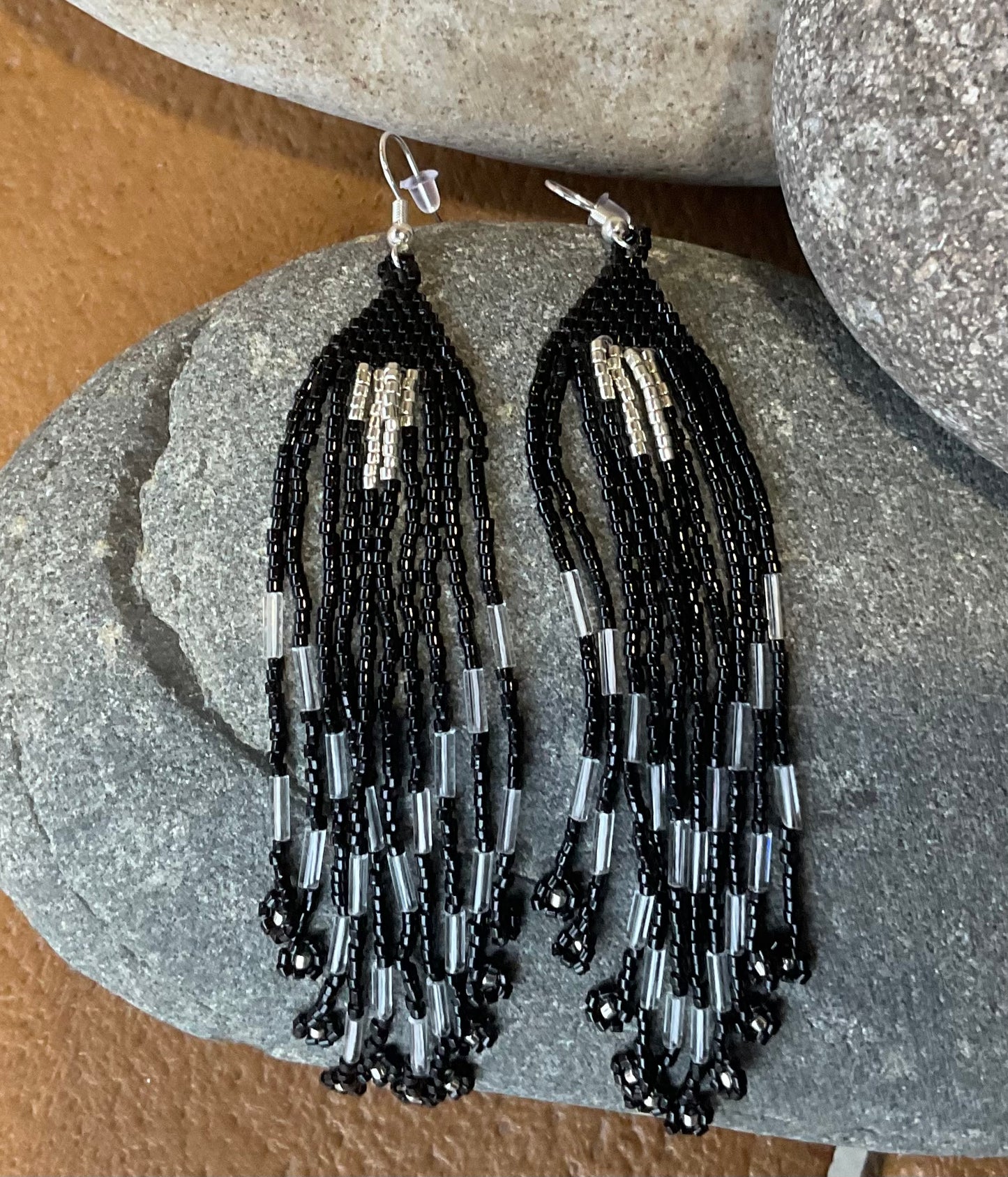 Earrings - Beaded Black Fringe CH2
