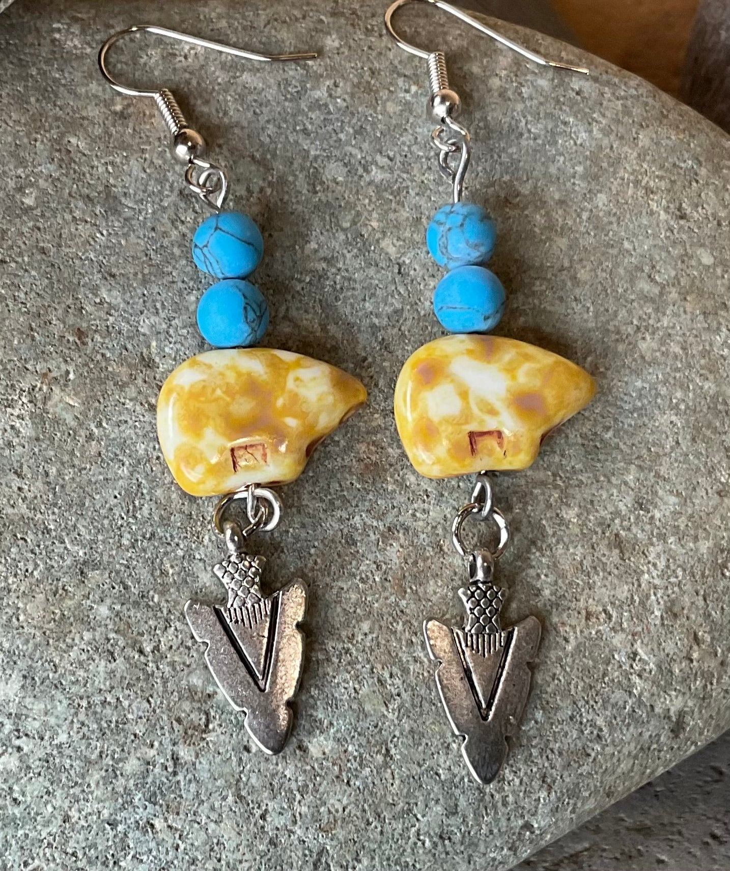 Earrings - Tan Stone Bear & Beads