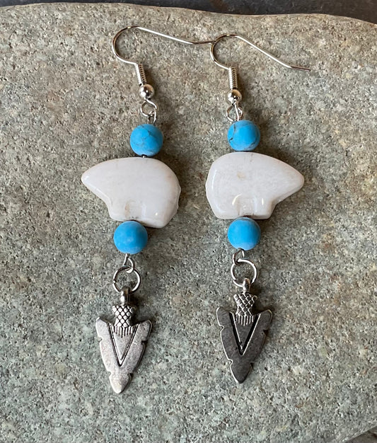 Earrings - White Stone Bear & Beads