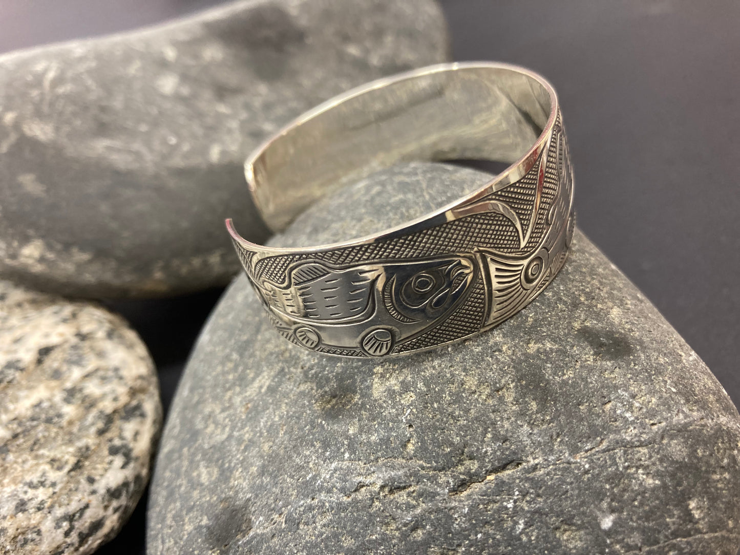 Bracelet - Oxidized Silver Cuff - Salmon design