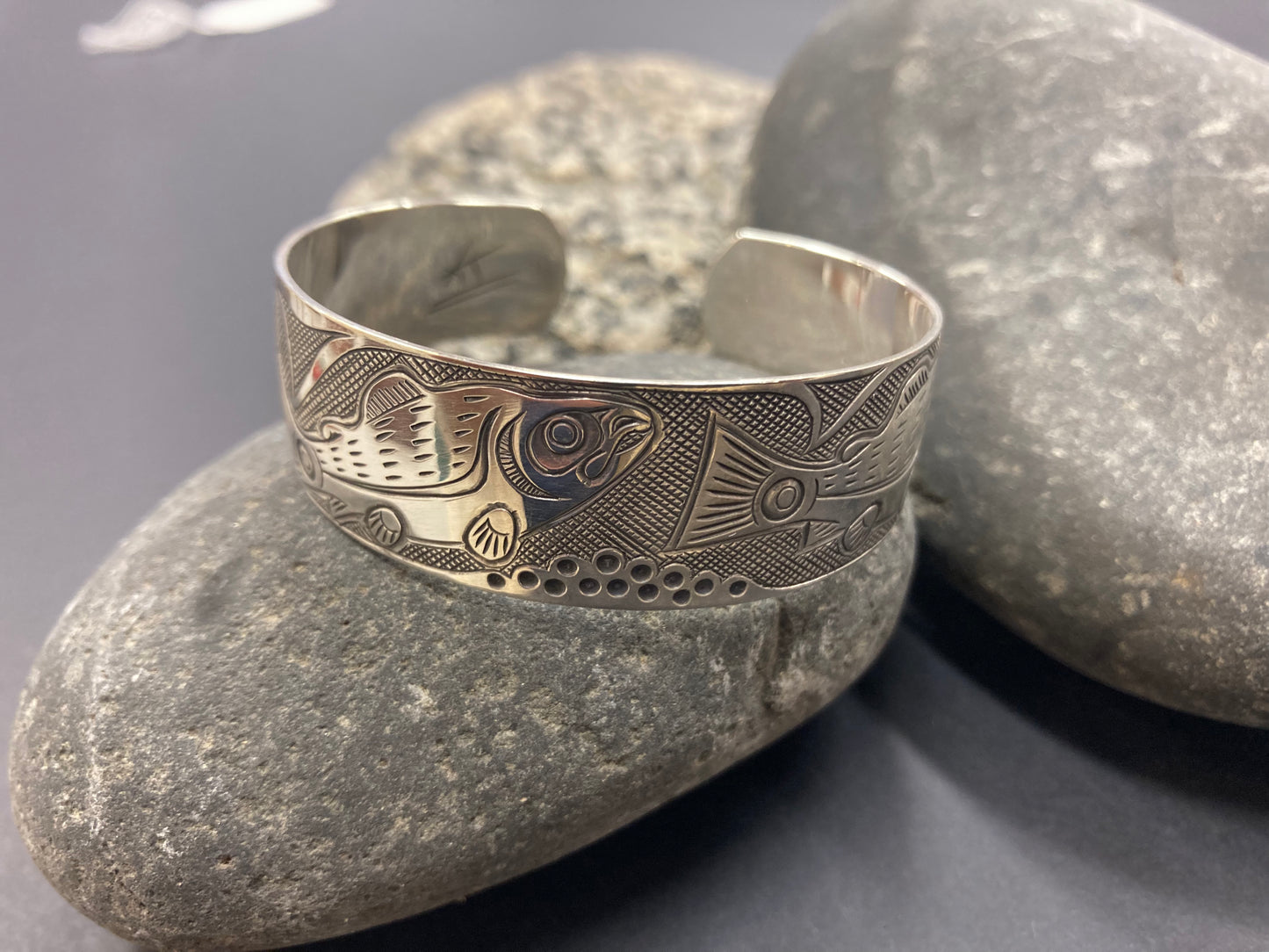 Bracelet - Oxidized Silver Cuff - Salmon design